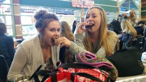 Digging into the their treat, sophomores Bonnie Stewart and Taylor Roylance share the Oreo cookie dough brownies during lunch. Photo by Saveria Farino 