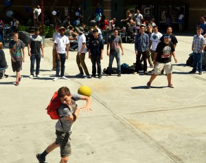 Guys wanting to participate in the Spring Spirit Week gathered in the quad, Monday, April 7, for an intense game of Foursquare. (Photo by Izzy Schmidt)