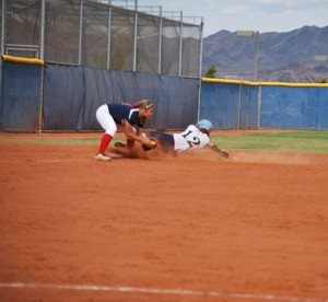 Nicole Hardy, senior, tries to tag out a player at third during Foothill’s senior day on May 7. (Photo by Jolie Ross)