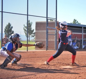 Lauren Buck, senior, at bat during the bottom of the sixth inning on the first round of play-offs, Tuesday, May 13. (Photo by Jolie Ross) 